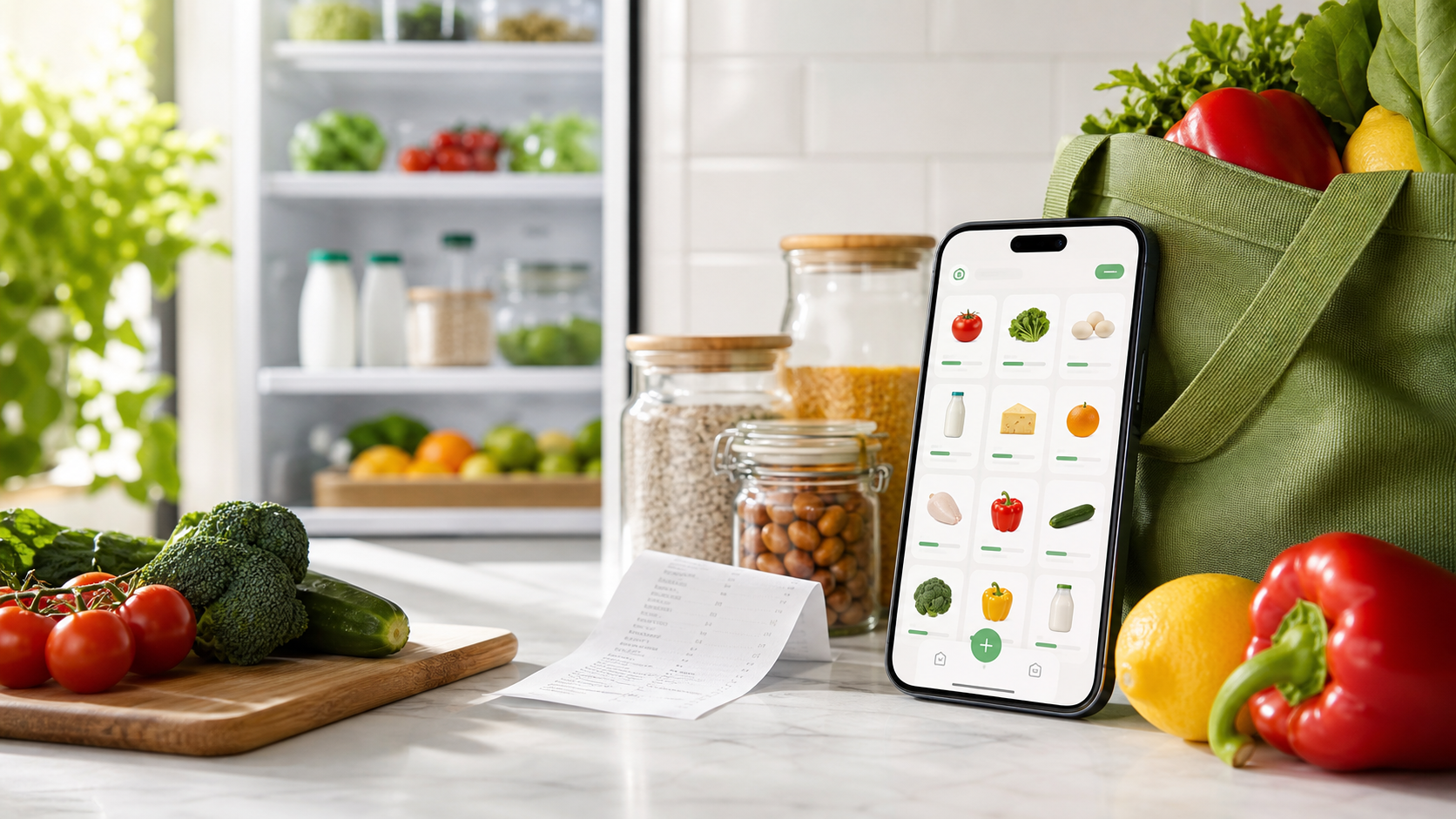 Fresh groceries, an open fridge, and a phone meal planner on a bright kitchen counter
